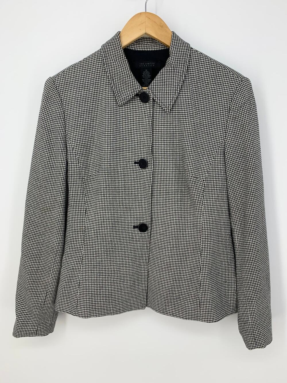 The Limited Houndstooth Button Front Blazer Size M Black White Lined Wool Blend